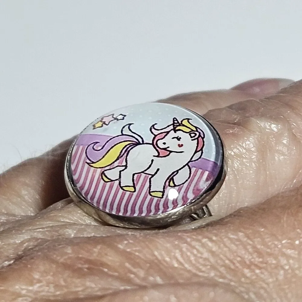 Silver Tone Carbochon Pastel Pink Blue Purple Unicorn Adjustable Ring